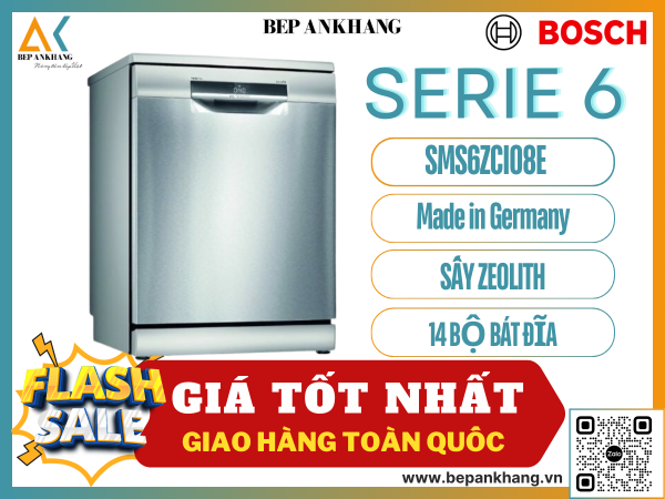 Máy rửa chén bát độc lập Bosch SMS6ZCI08E – Series 6 - Sấy Zeolite - Made in Germany